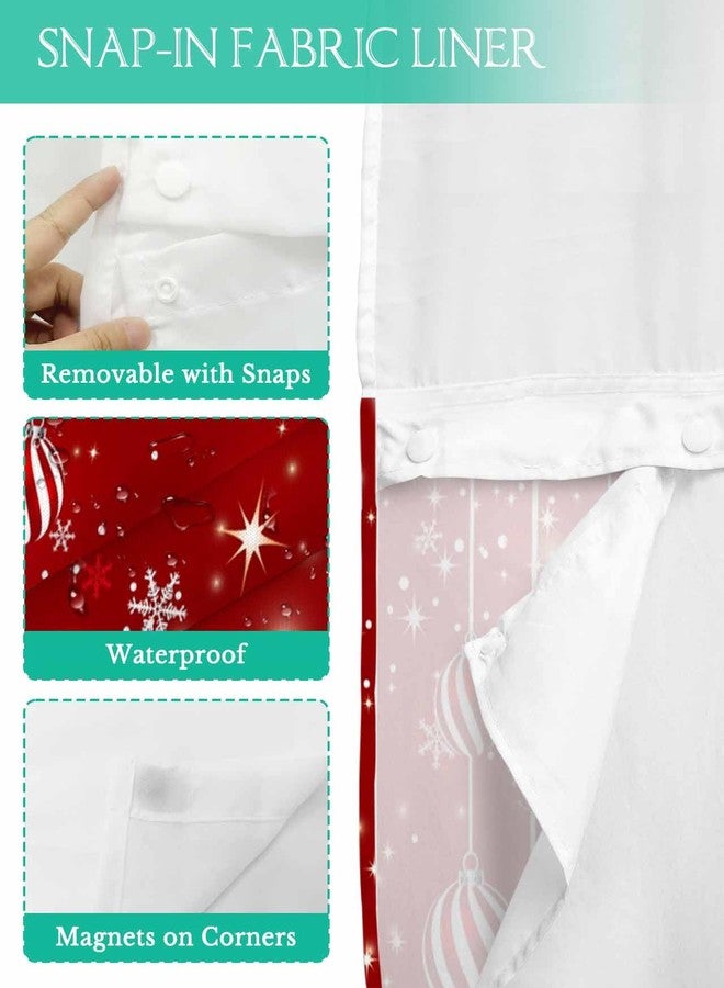 LooPoP No Hook Shower Curtain with Snap in Liner Set Christmas Tree Shower Curtains for Bathroom Waterproof Fabric Red Christmas Balls Bath Curtain with See Through Mesh Top Window for Hotel Spa 72x72 Inch - Image 5